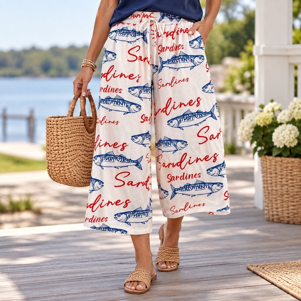 Sardine Print Wide Leg Pants Womens 0XL White Blue Red Drawstring Boho Whimsical
